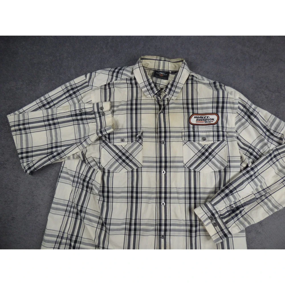 Harley-Davidson Racing Mens Plaid Button Down Shirt Cream Black Long Sleeve 2XL